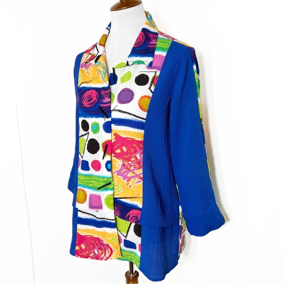 Ali Miles Artsy Multicolor Watercolor Printed 3/4 Sleeve Buttondown Shacket Top - Picture 5 of 8